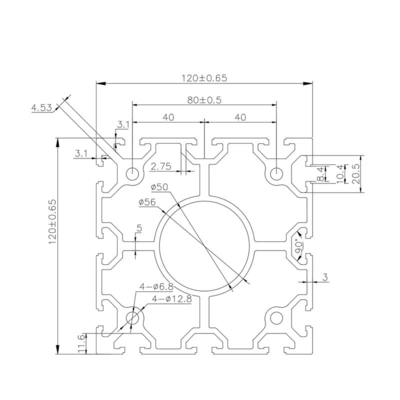 120*120MM T Slot Aluminium Profile Extrusion Frame T3 For 120120